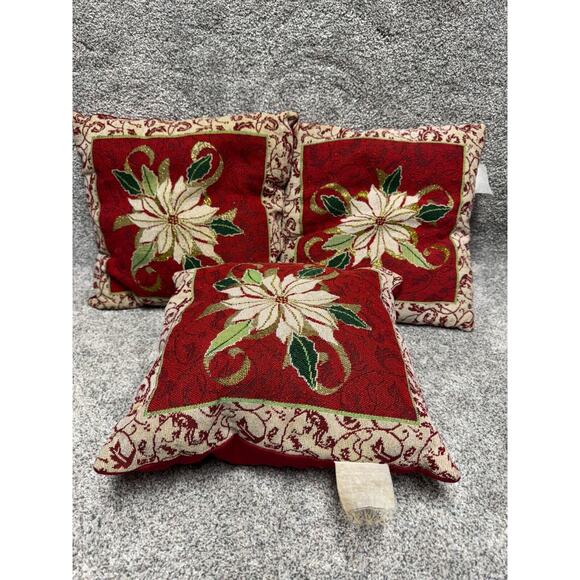 Lot of 3 Tapestry Throw Pillows Vintage 90s Pointsettias Christmas Home Decor